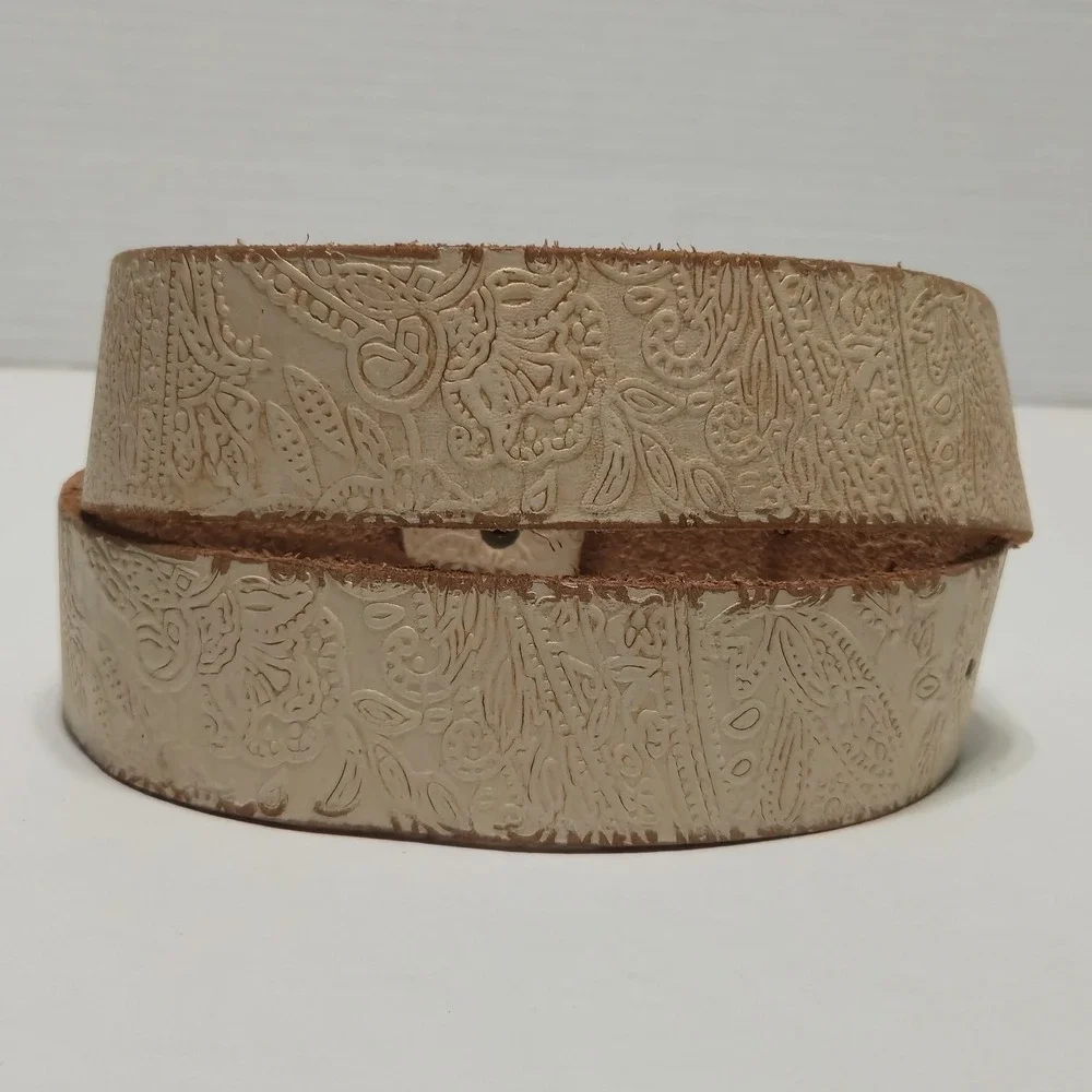 Women's‎ Belt Fossil Genuine Leather Embossed Cream Metallic Rhinestone Buckle L